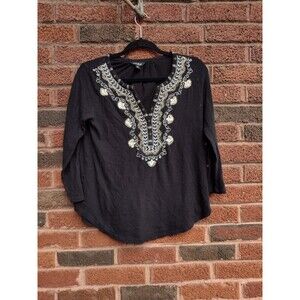 Lucky Brand Women's Beaded Embroidered Blouse Size Medium Black Boho 3/4 Sleeve
